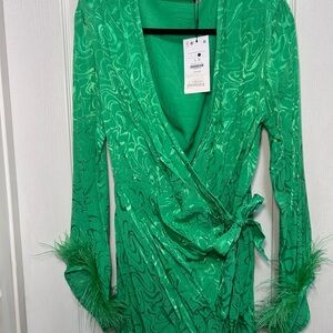 Bershka Emerald Green Wrap Dress with Feather Cuffs